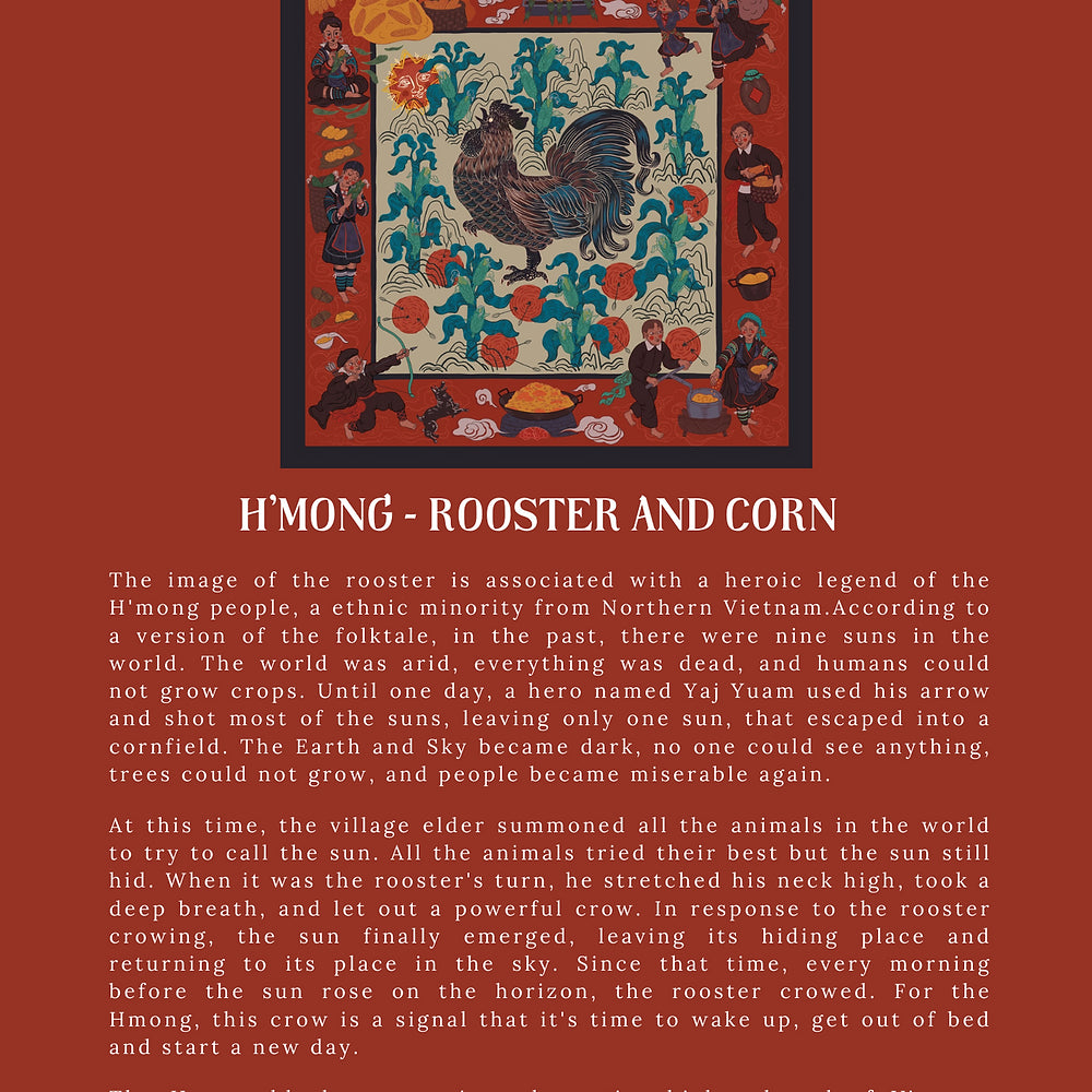 H'mong - Rooster and Corn Handmade Silk Scarf