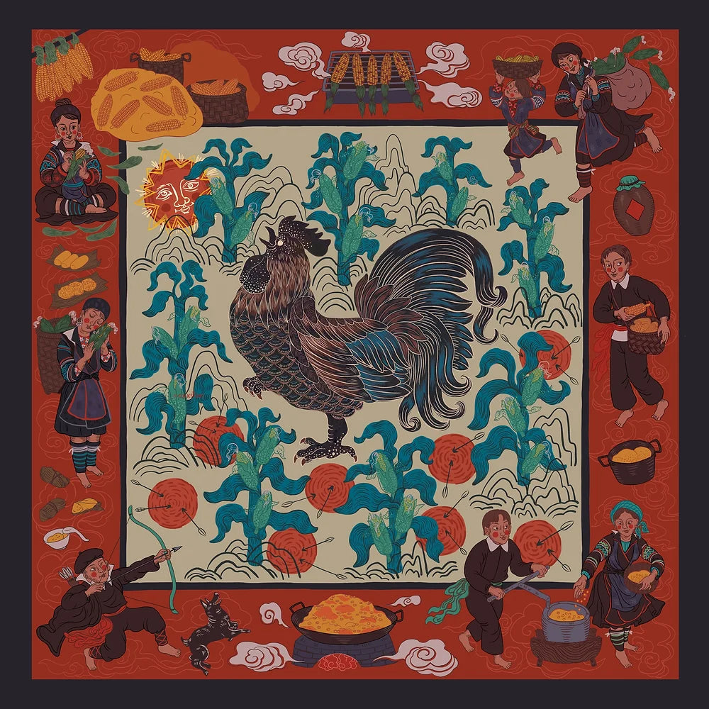 H'mong - Rooster and Corn Handmade Silk Scarf