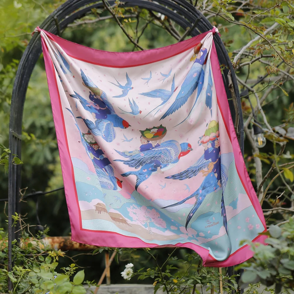 Nung - Swallows and Spirits Handmade Silk Scarf